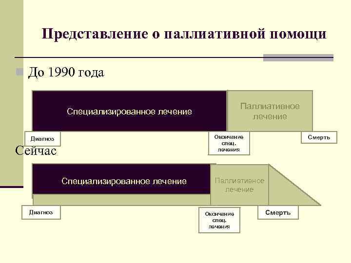 Представление о паллиативной помощи n До 1990 года Паллиативное лечение Специализированное лечение Окончание спец.