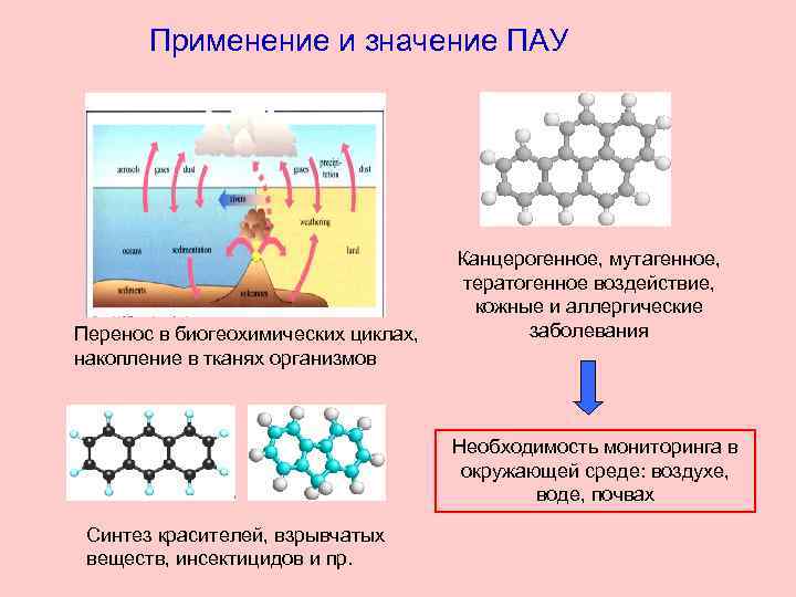 Применение и значение ПАУ Перенос в биогеохимических циклах, накопление в тканях организмов Канцерогенное, мутагенное,