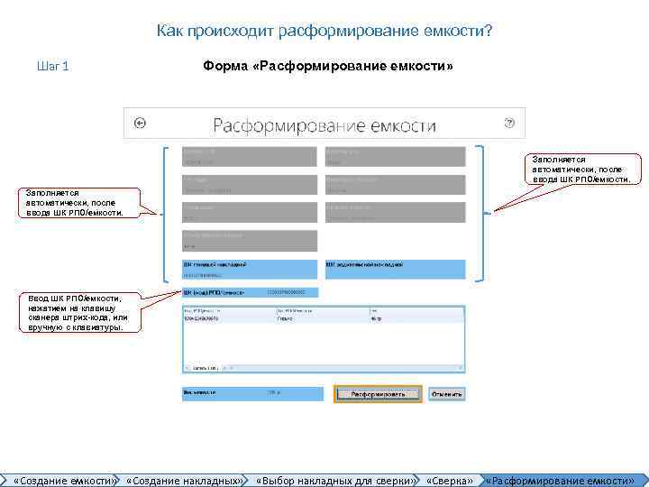 Как происходит расформирование емкости? Шаг 1 Форма «Расформирование емкости» Заполняется автоматически, после ввода ШК