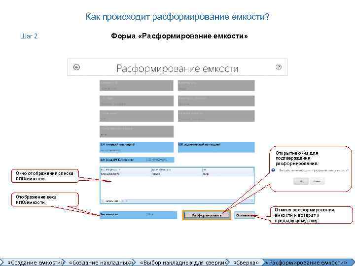 Как происходит расформирование емкости? Шаг 2 Форма «Расформирование емкости» Открытие окна для подтверждения расформирования.