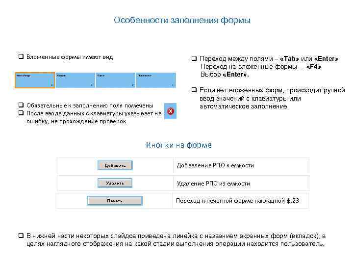Особенности заполнения формы q Вложенные формы имеют вид q Переход между полями – «Tab»