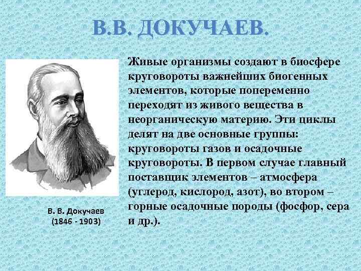 В. В. ДОКУЧАЕВ. В. В. Докучаев (1846 - 1903) Живые организмы создают в биосфере