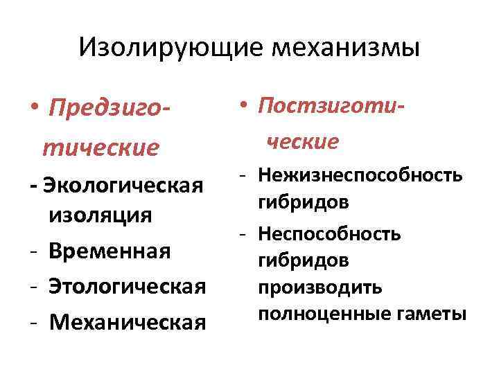 Изолирующие механизмы • Предзиготические - Экологическая изоляция - Временная - Этологическая - Механическая •