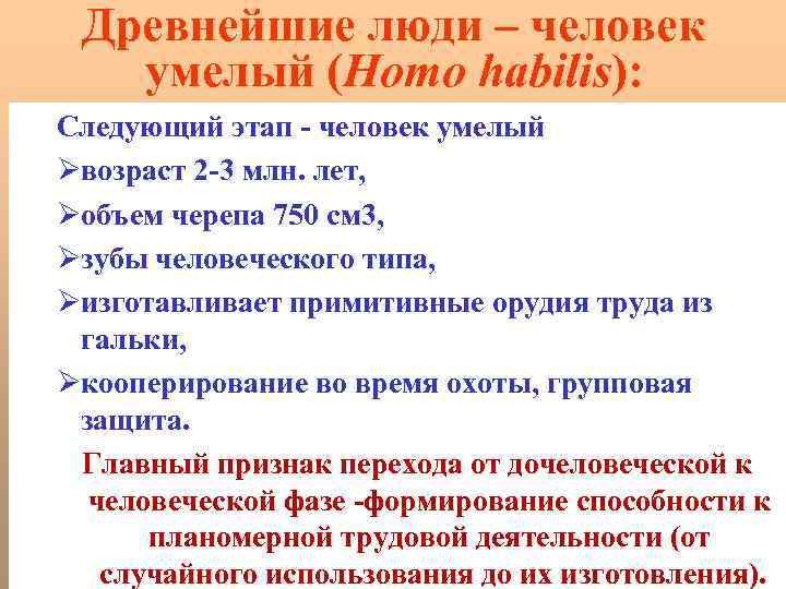 Древнейшие люди – человек умелый (Homo habilis): Следующий этап - человек умелый Øвозраст 2