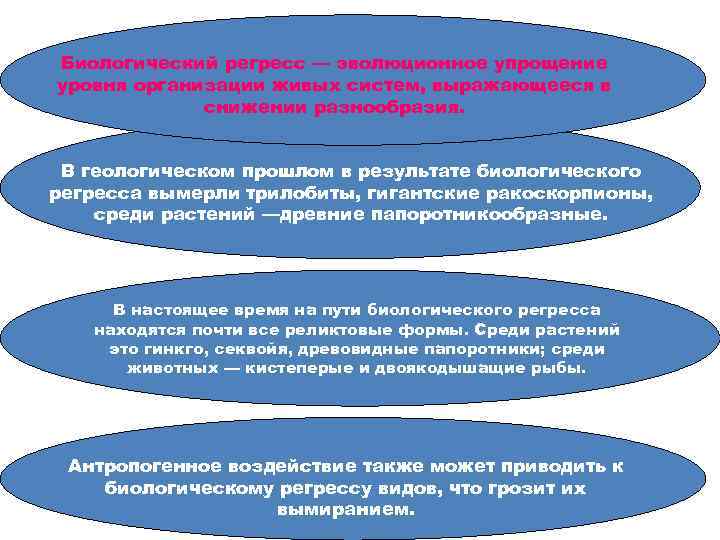 Биологический регресс — эволюционное упрощение уровня организации живых систем, выражающееся в снижении разнообразия. В