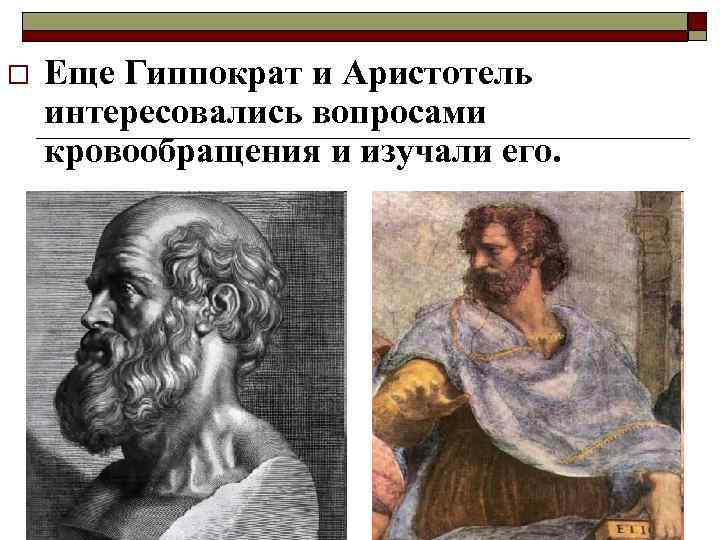 o Еще Гиппократ и Аристотель интересовались вопросами кровообращения и изучали его. 