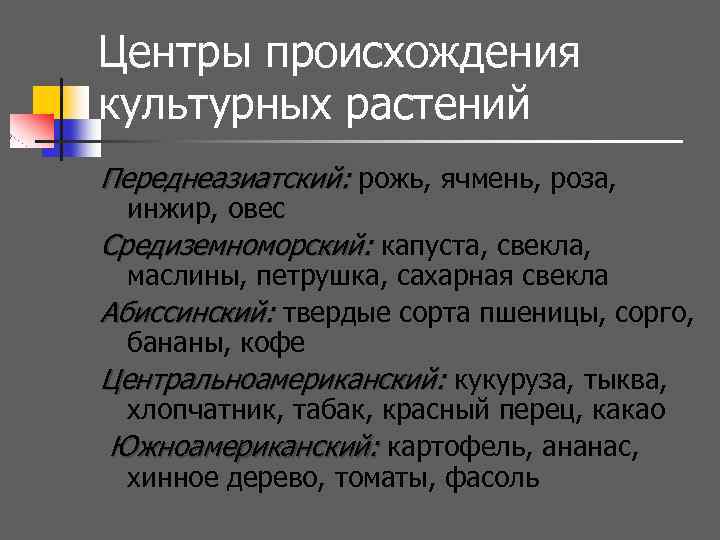 Центры происхождения культурных растений Переднеазиатский: рожь, ячмень, роза, инжир, овес Средиземноморский: капуста, свекла, маслины,