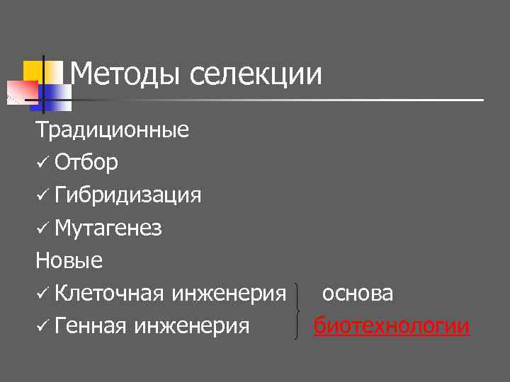 Методы селекции Традиционные ü Отбор ü Гибридизация ü Мутагенез Новые ü Клеточная инженерия ü