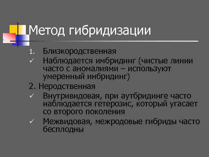 Метод гибридизации Близкородственная Наблюдается имбридинг (чистые линии часто с аномалиями – используют умеренный инбридинг)