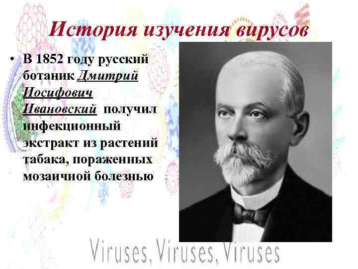 История изучения вирусов • В 1852 году русский ботаник Дмитрий Иосифович Ивановский получил инфекционный
