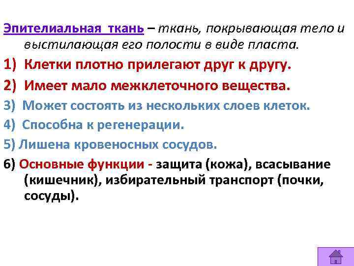 Эпителиальная ткань – ткань, покрывающая тело и выстилающая его полости в виде пласта. 1)