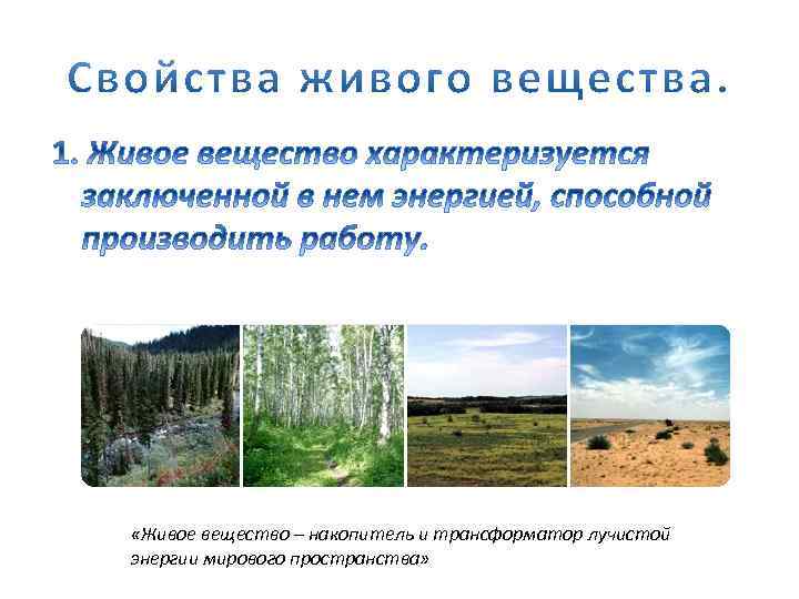  «Живое вещество – накопитель и трансформатор лучистой энергии мирового пространства» 