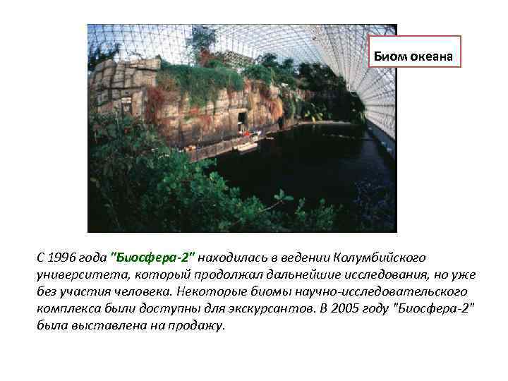 Биом океана С 1996 года "Биосфера-2" находилась в ведении Колумбийского университета, который продолжал дальнейшие