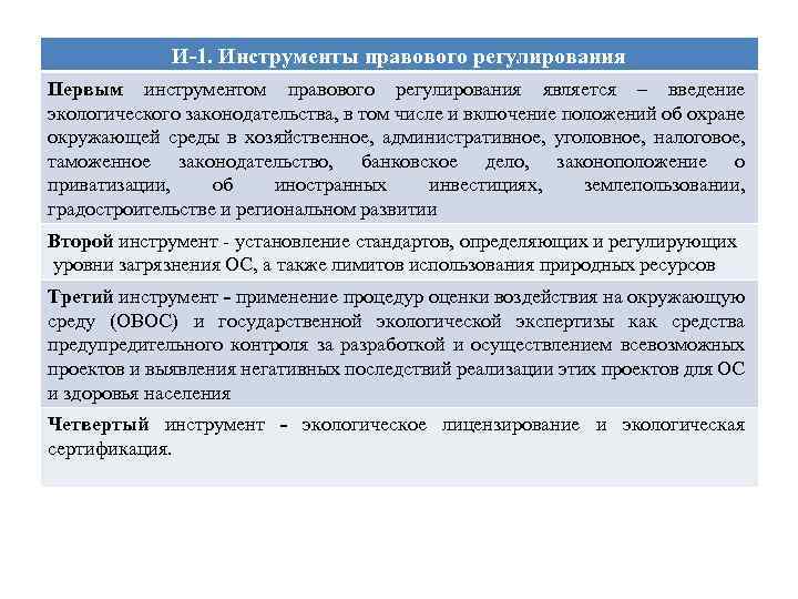 И-1. Инструменты правового регулирования Первым инструментом правового регулирования является – введение экологического законодательства, в