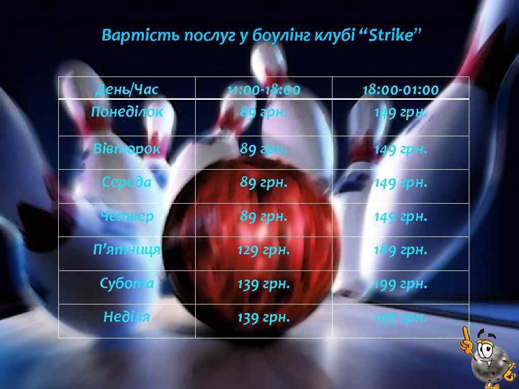 Вартість послуг у боулінг клубі “Strike” День/Час Понеділок 11: 00 -18: 00 89 грн.