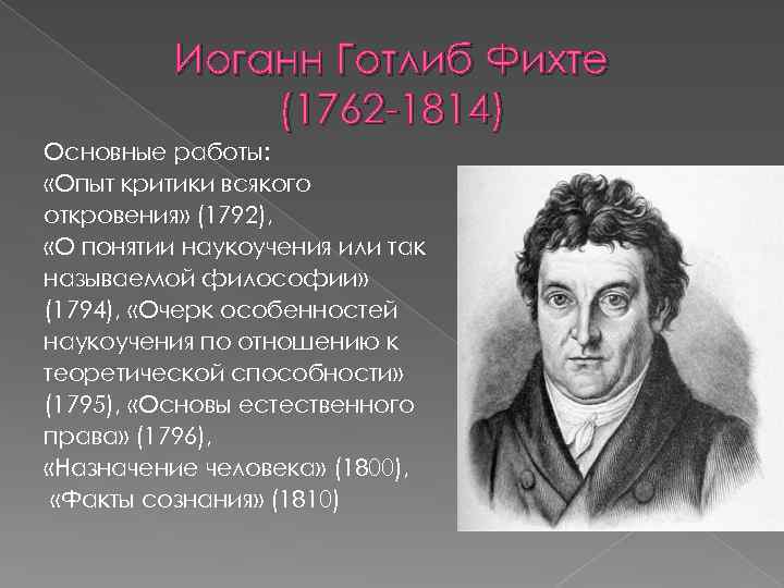 Иоганн Готлиб Фихте (1762 -1814) Основные работы: «Опыт критики всякого откровения» (1792), «О понятии