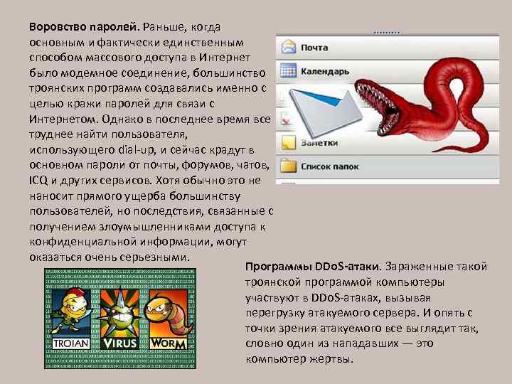 Воровство паролей. Раньше, когда основным и фактически единственным способом массового доступа в Интернет было