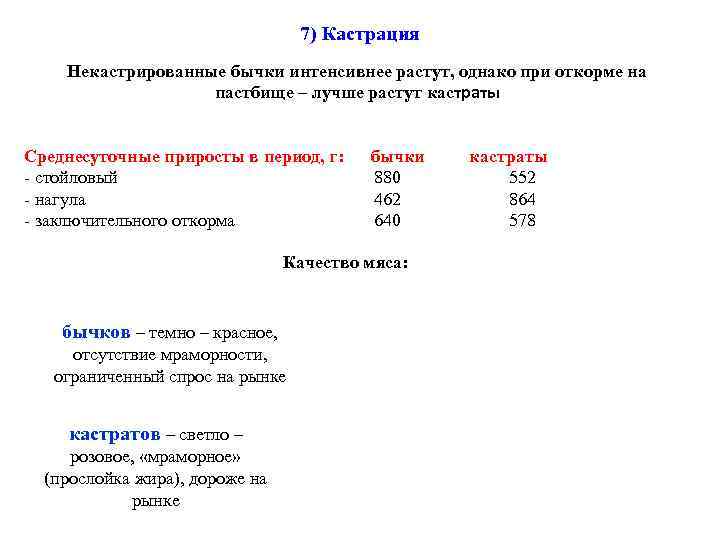 7) Кастрация Некастрированные бычки интенсивнее растут, однако при откорме на пастбище – лучше растут