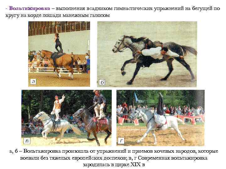 - Вольтижировка – выполнения всадником гимнастических упражнений на бегущей по кругу на корде лошади