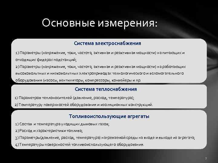 Основные измерения: Система электроснабжения 1) Параметры (напряжения, токи, частота, активная и реактивная мощности) на