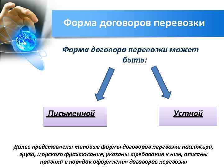 Форма договоров перевозки Форма договора перевозки может быть: Письменной Устной Далее представлены типовые формы