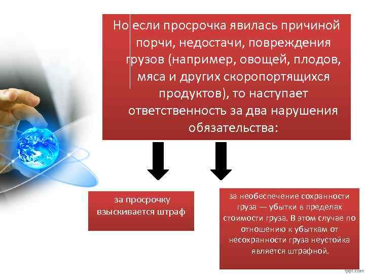 Но если просрочка явилась причиной порчи, недостачи, повреждения грузов (например, овощей, плодов, мяса и