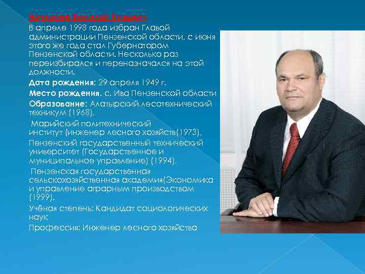 Бочкарев Василий Кузьмич В апреле 1998 года избран Главой администрации Пензенской области, с июня