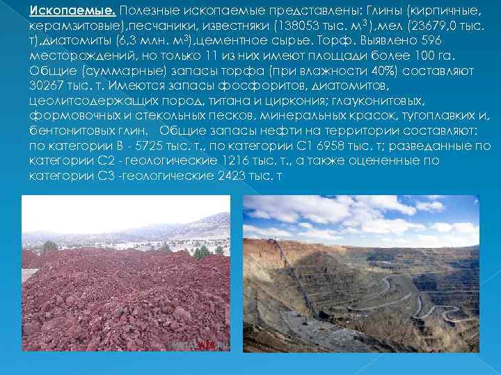 Ископаемые. Полезные ископаемые представлены: Глины (кирпичные, керамзитовые), песчаники, известняки (138053 тыс. м 3 ),