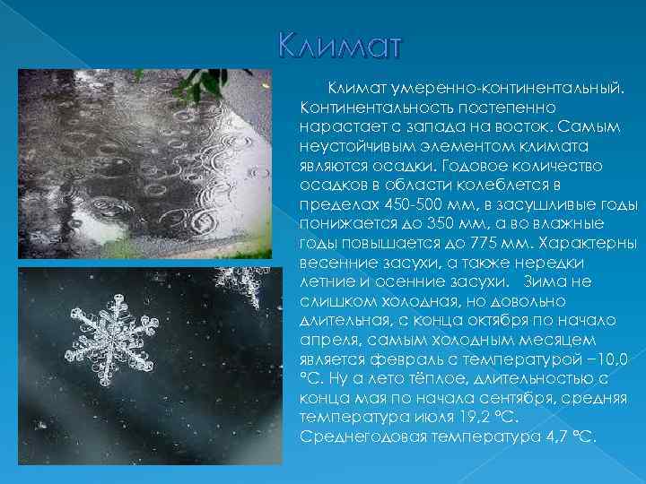 Климат умеренно-континентальный. Континентальность постепенно нарастает с запада на восток. Самым неустойчивым элементом климата являются