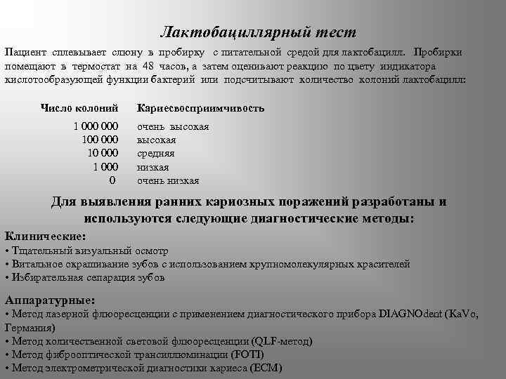 Лактобациллярный тест Пациент сплевывает слюну в пробирку с питательной средой для лактобацилл. Пробирки помещают