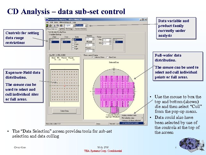 CD Analysis – data sub-set control Data variable and product family currently under analysis