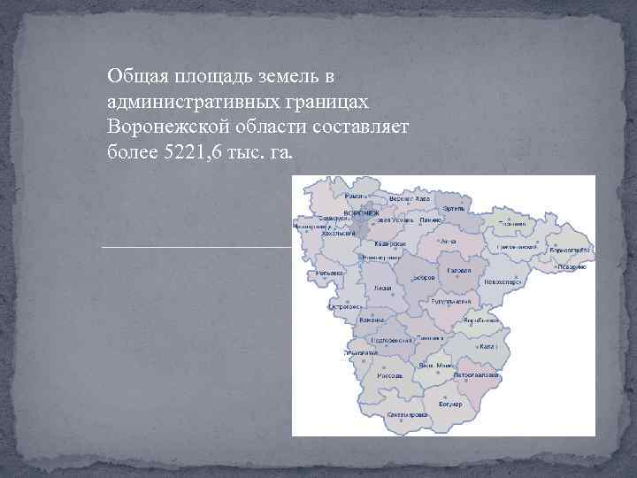 Общая площадь земель в административных границах Воронежской области составляет более 5221, 6 тыс. га.