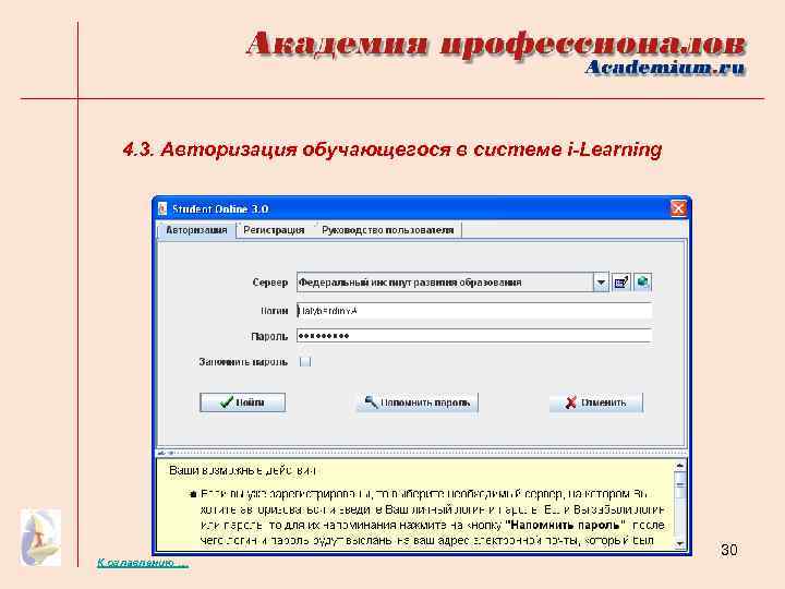 4. 3. Авторизация обучающегося в системе i-Learning К оглавлению … 30 