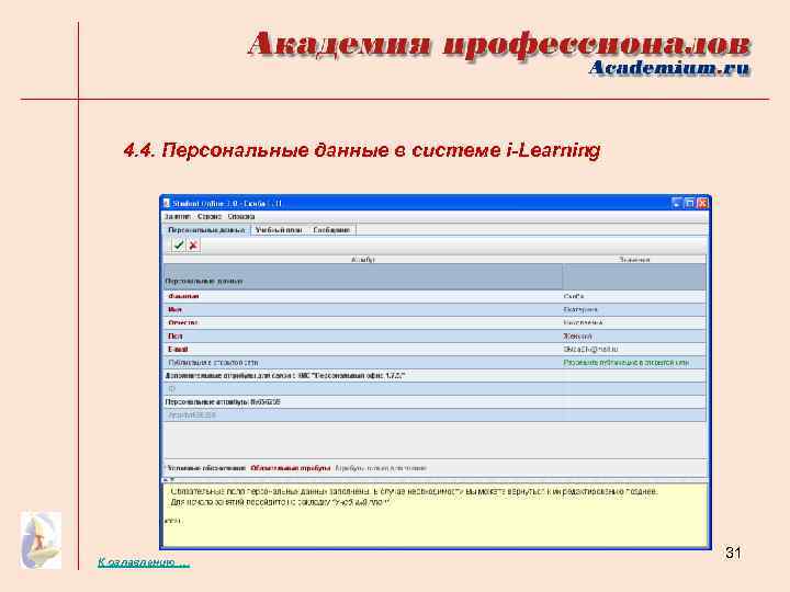 4. 4. Персональные данные в системе i-Learning К оглавлению … 31 