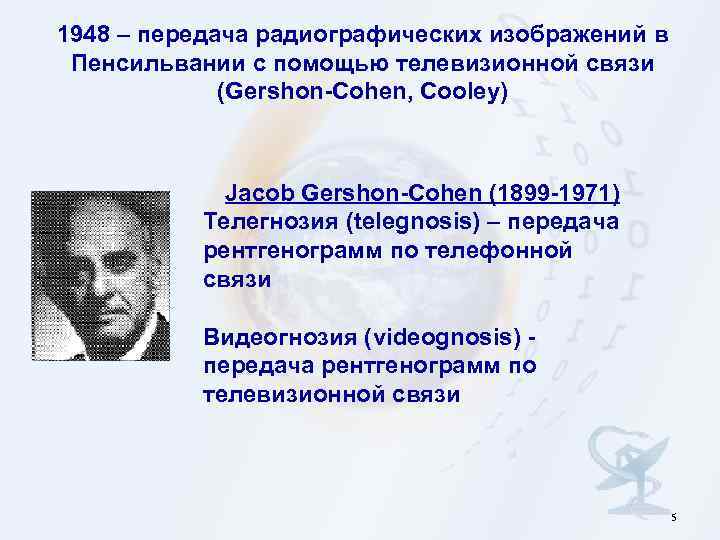 1948 – передача радиографических изображений в Пенсильвании с помощью телевизионной связи (Gershon-Cohen, Cooley) Jacob