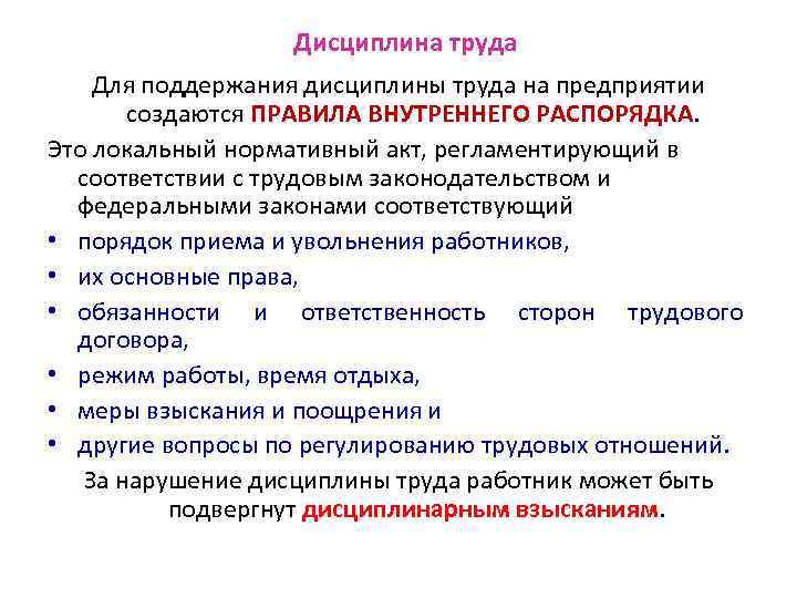 Дисциплина труда Для поддержания дисциплины труда на предприятии создаются ПРАВИЛА ВНУТРЕННЕГО РАСПОРЯДКА. Это локальный