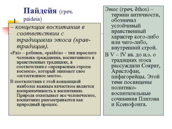 Пайдейя (греч. paideia) – концепция воспитания в соответствии с традициями этоса (нравтрадиция). «Pai» –