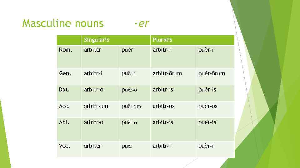 Masculine nouns -er Singularis Pluralis Nom. arbiter puer arbitr-i puĕr-i Gen. arbitr-i puĕr-i arbitr-ōrum