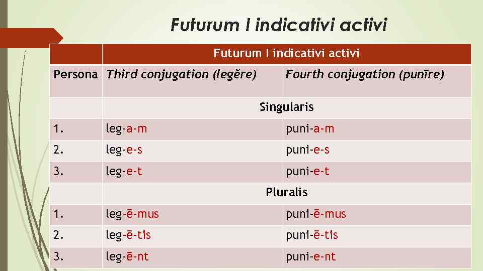 Futurum I indicativi activi Persona Third conjugation (legĕre) Fourth conjugation (punīre) Singularis 1. leg-a-m