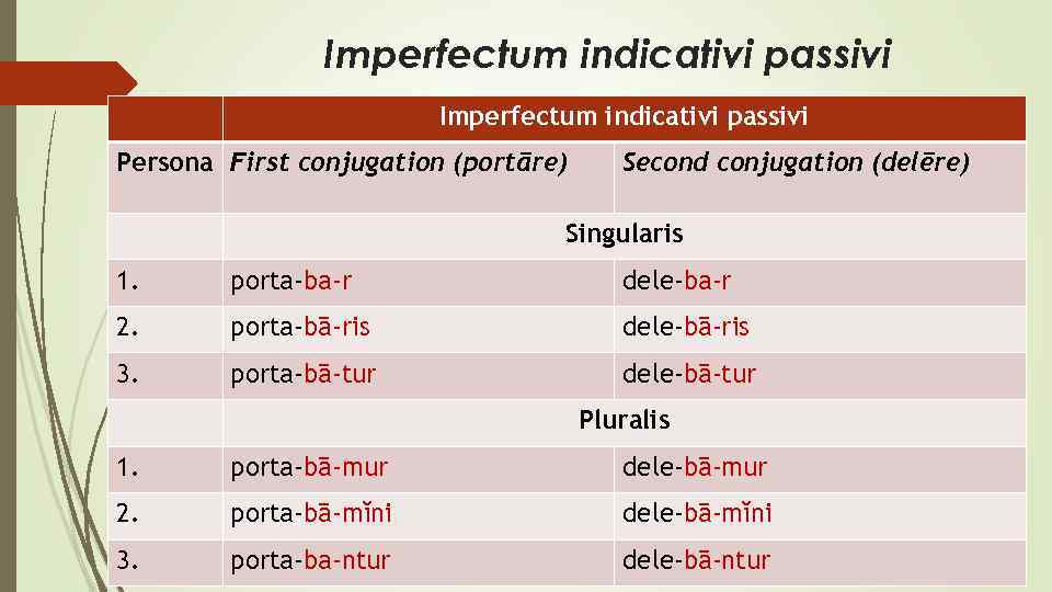 Imperfectum indicativi passivi Persona First conjugation (portāre) Second conjugation (delēre) Singularis 1. porta-ba-r dele-ba-r