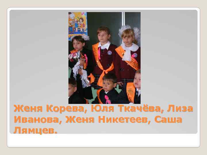 Женя Корева, Юля Ткачёва, Лиза Иванова, Женя Никетеев, Саша Лямцев. 