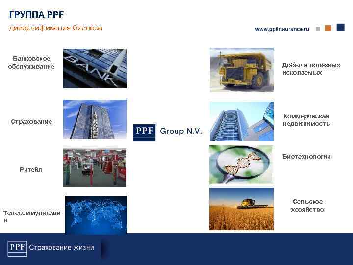 ГРУППА PPF диверсификация бизнеса Банковское обслуживание Страхование Добыча полезных ископаемых Коммерческая недвижимость Биотехнологии Ритейл