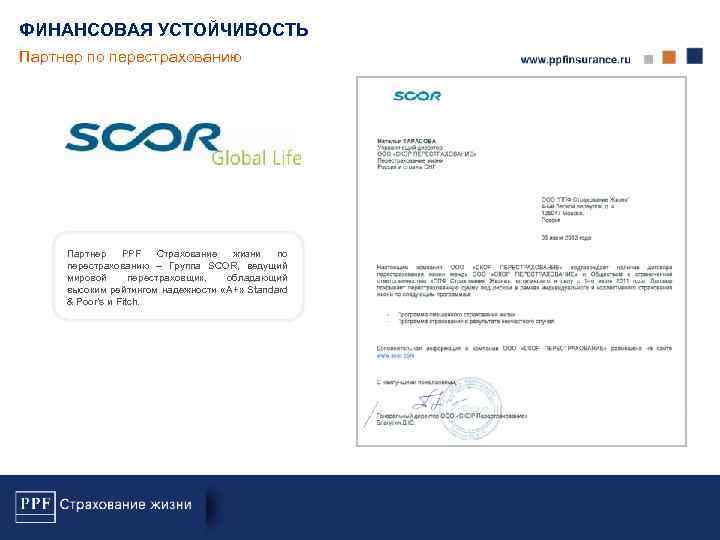 ФИНАНСОВАЯ УСТОЙЧИВОСТЬ Партнер по перестрахованию Партнер PPF Страхование жизни по перестрахованию – Группа SCOR,