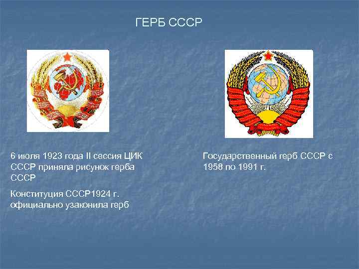 ГЕРБ СССР 6 июля 1923 года II сессия ЦИК СССР приняла рисунок герба СССР