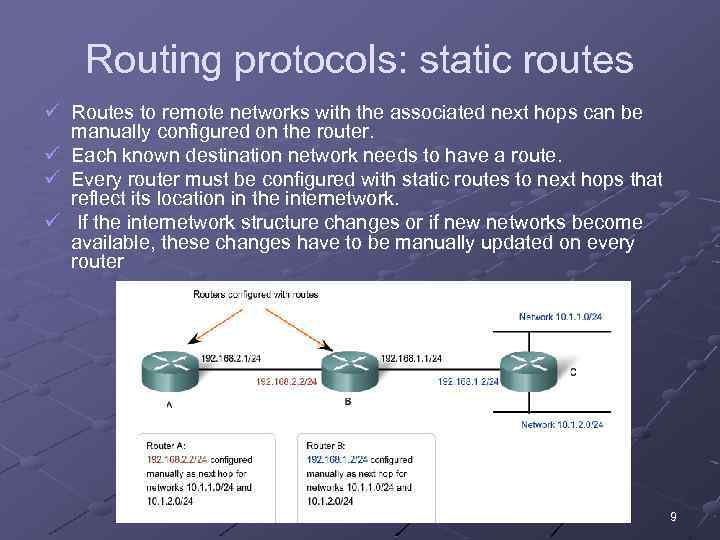 Routing protocols: static routes ü Routes to remote networks with the associated next hops
