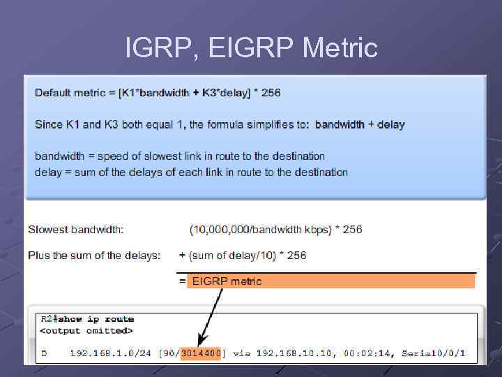 IGRP, EIGRP Metric K 1(bandwidth)=1 K 2(load)=0 K 3 (delay)=1 K 4, K 5