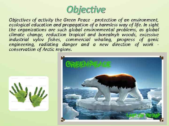 Objectives of activity the Green Peace - protection of an environment, ecological education and