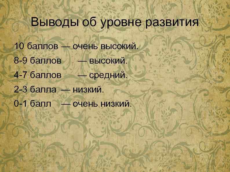 Выводы об уровне развития 10 баллов — очень высокий. 8 9 баллов — высокий.