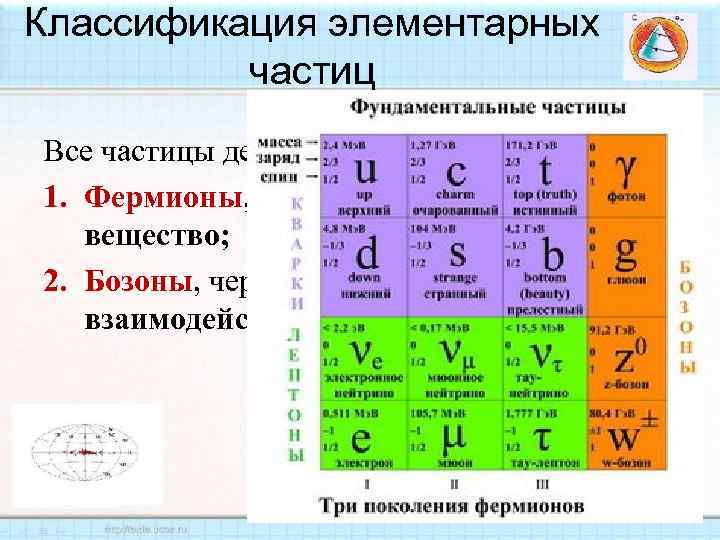 Классификация элементарных частиц Все частицы делятся на два класса: 1. Фермионы, которые составляют вещество;