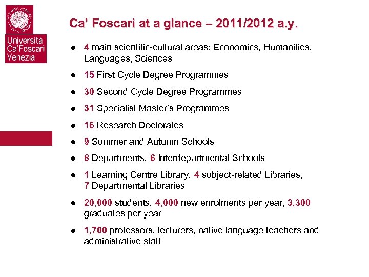 Ca’ Foscari at a glance – 2011/2012 a. y. ● 4 main scientific-cultural areas: